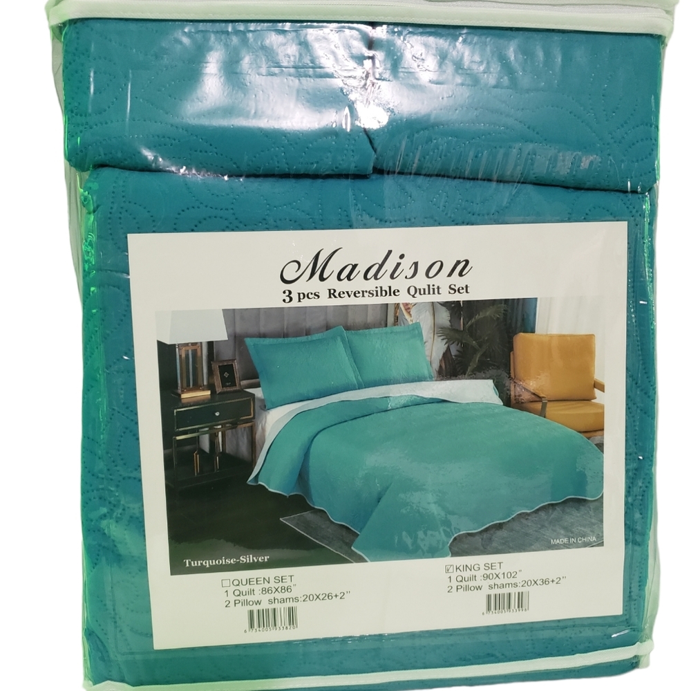 Madison 3 piece Reversible king quilt set with 2 pillow shams - Turquoise-Silver